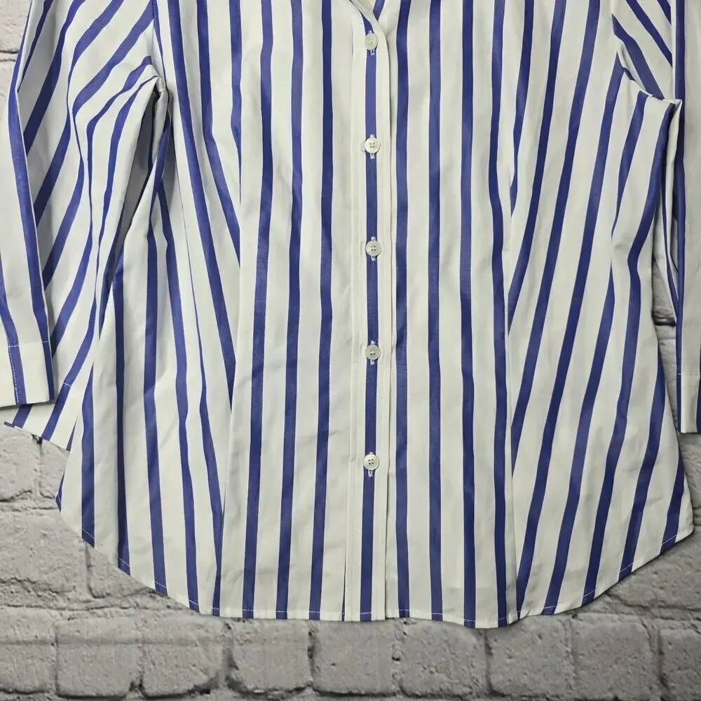 Usonia Womens White Blue Vertical Stripe 100% Cotton 3/4 Sleeve Blouse Size L - Picture 4 of 11
